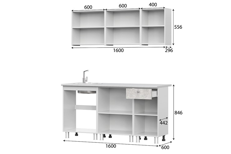 Гарнитур на кухню КГ-1 1600, белый/белый/цемент светлый/антарес в Альметьевске - изображение 2