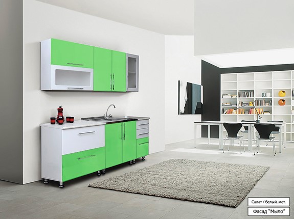 Кухонный гарнитур Мыло 224 2000х718, цвет Салат/Белый металлик в Нижнекамске - изображение