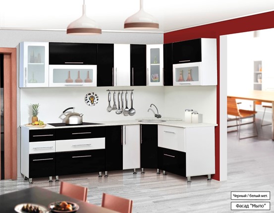 Угловой кухонный гарнитур Мыло 224 2600х1600, цвет Черный/Белый металлик в Нижнекамске - изображение