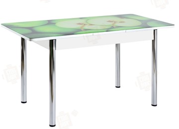 Кухонный раздвижной стол Айсберг-02 СТФ, белое лдсп/зеленые яблоки/ноги хром прямые в Альметьевске