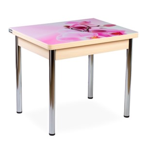 Кухонный пристенный стол СПА-07 СТФ, молочный дуб/фотопечать орхидея/опоры прямые хром в Альметьевске - предосмотр