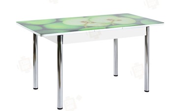 Кухонный раздвижной стол Айсберг-01 СТФ, белый/фотопечать зеленые яблоки/ноги хром круглые в Нижнекамске