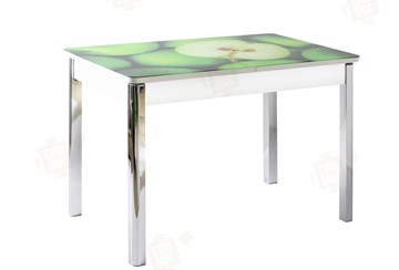 Кухонный раскладной стол Айсберг-01 СТФ, белый/фотопечать зеленые яблоки/ноги хром квадратные в Казани