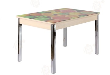 Кухонный стол раздвижной Айсберг-01 СТФ, дуб/фотопечать фрукты/ноги хром квадратные в Нижнекамске