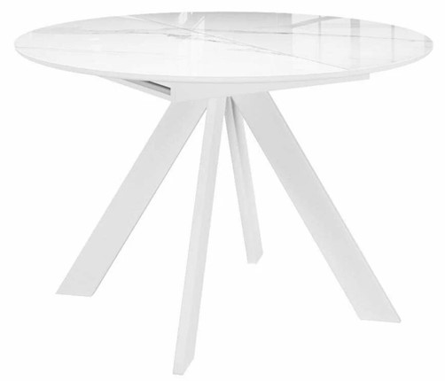 Стол обеденный раздвижной DikLine SFC110 d1100 стекло Оптивайт Белый мрамор/подстолье белое/опоры белые в Альметьевске - изображение