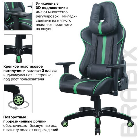 Компьютерное кресло Brabix GT Carbon GM-120 (две подушки, экокожа, черное/зеленое) 531929 в Нижнекамске - изображение 16