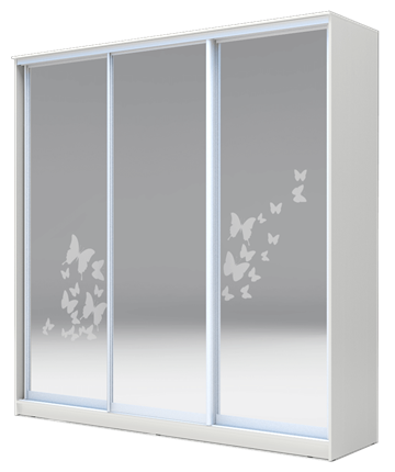 Шкаф 3-х дверный 2400х2000х620 три зеркала, наполнение №2, Бабочки ХИТ 24-20-656-05 Белая Шагрень в Нижнекамске - изображение