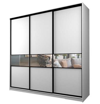Шкаф 3-х дверный MAX МШ-27-6-24-333, Профиль Черный/Цвет Белый/с зеркальной вставкой с рисунком в Альметьевске - изображение