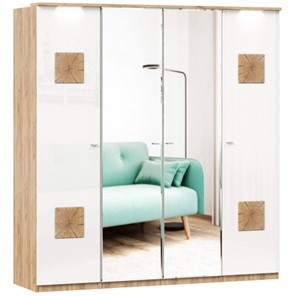 Шкаф четырехдверный Фиджи с 2 зеркалами и декоративными накладками, Дуб золотой/Белый в Набережных Челнах