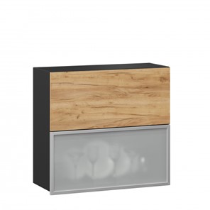 Навесной кухонный шкаф 800 горизонтальный, Шервуд, ЛД 281.981.000.049, со стеклом, черный/дуб золотой в Нижнекамске