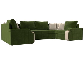 Большой П-образный диван Николь, Зеленый/Бежевый/Бежевый (микровельвет/экокожа) в Альметьевске
