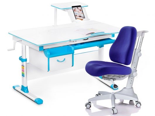 Комплект растущая парта + стул Mealux EVO Evo-40 BL (арт. Evo-40 BL + Y-528 SB) / (стол+полка+кресло) / белая столешница / цвет пластика голубой в Альметьевске - изображение