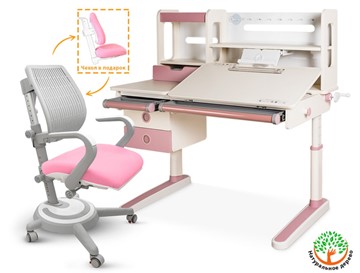 Растущий стол + кресло Mealux Oxford Max + Ergoback, белый/розовый в Нижнекамске